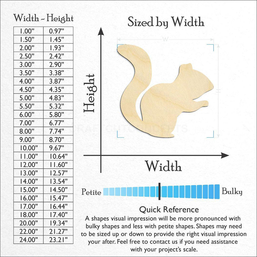 Sizes available for a laser cut Squirrel craft blank