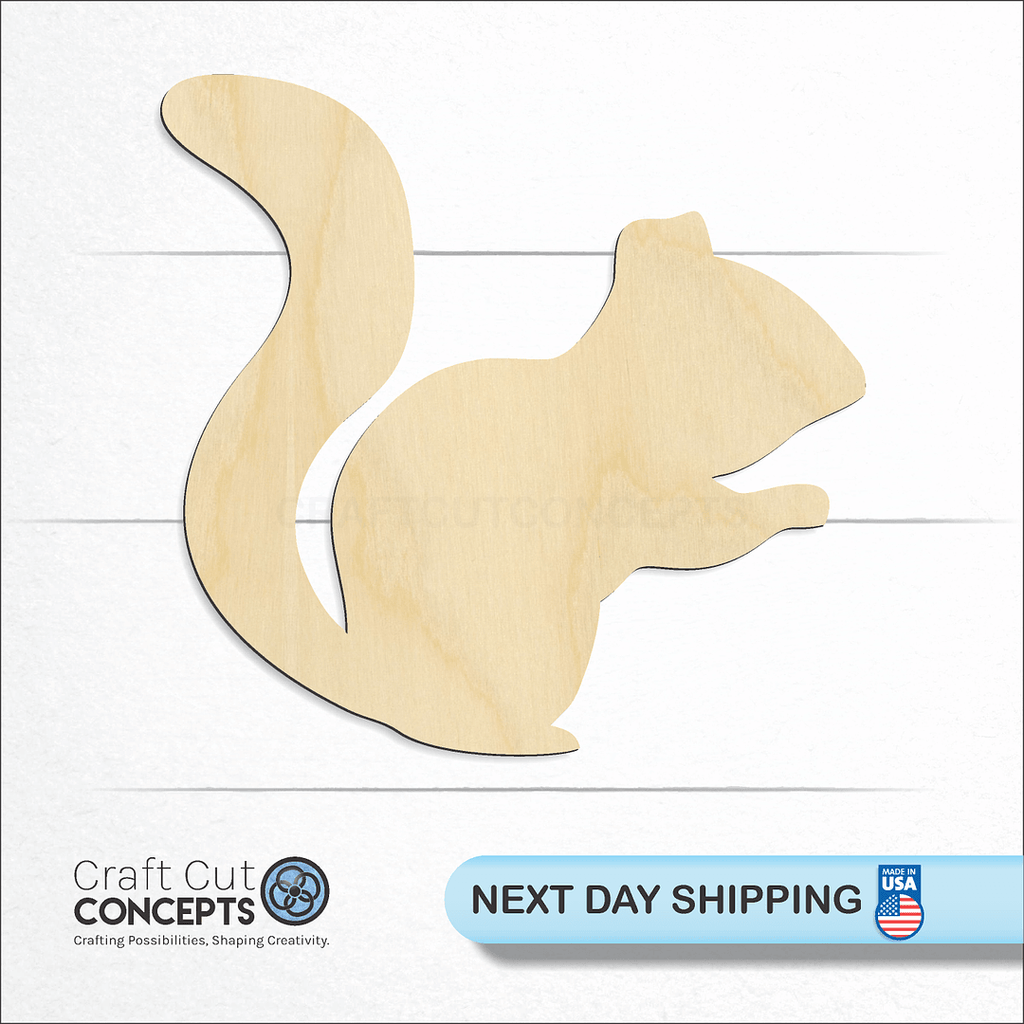 Craft Cut Concepts logo and next day shipping banner with an unfinished wood Squirrel craft shape and blank