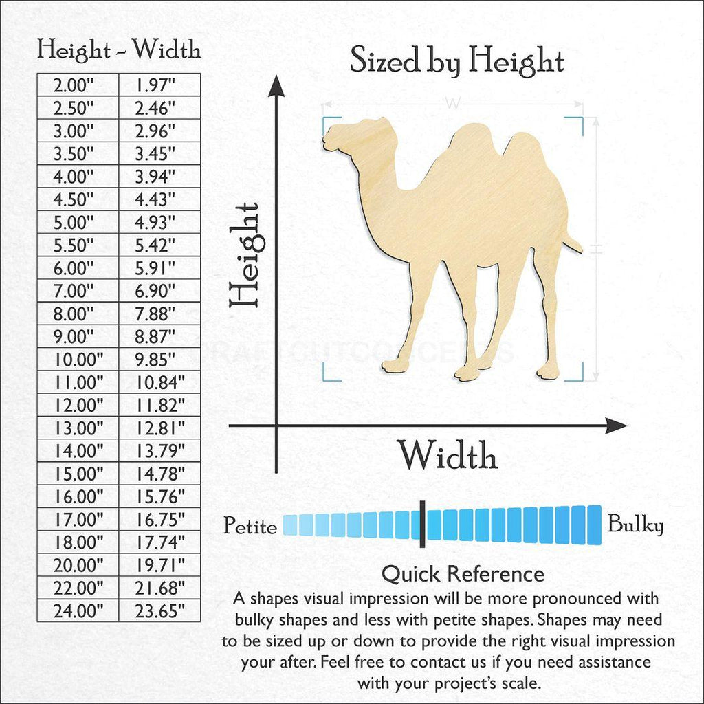 Sizes available for a laser cut Camel craft blank