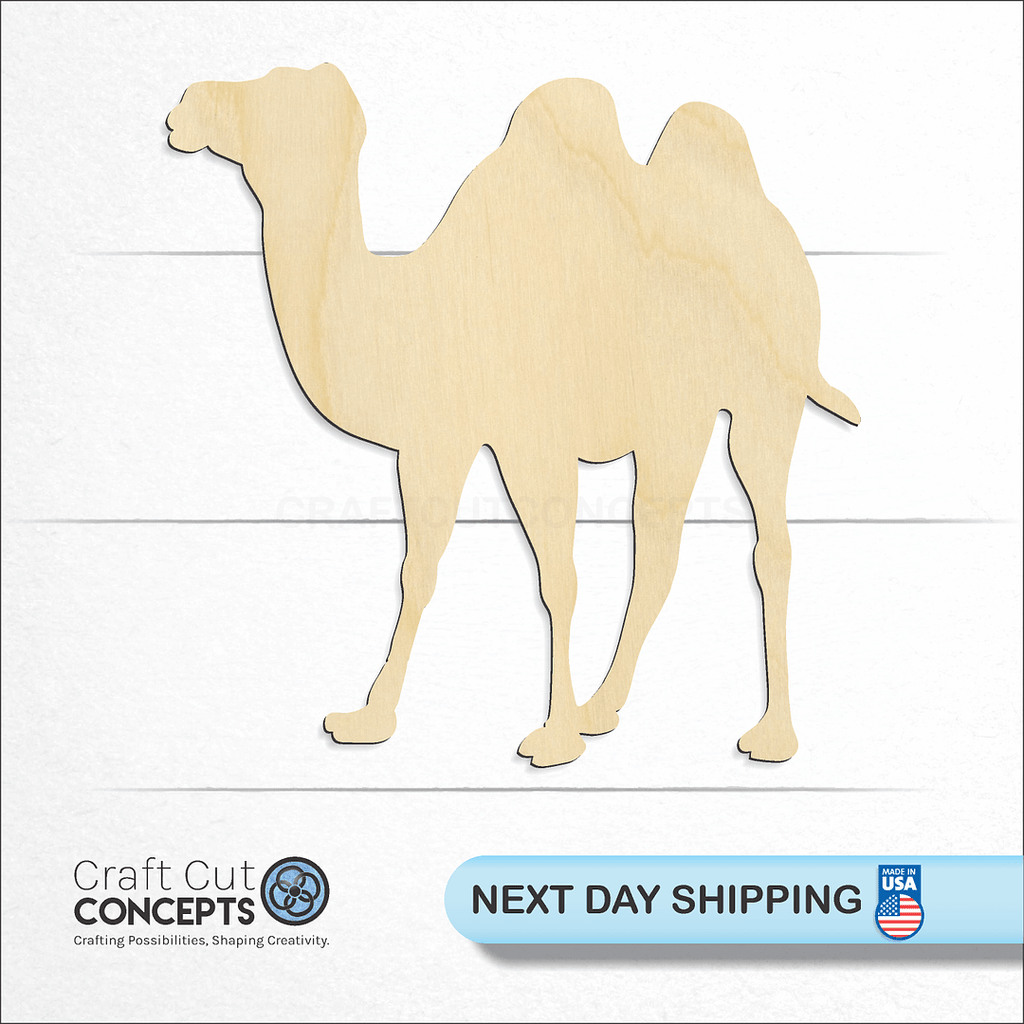 Craft Cut Concepts logo and next day shipping banner with an unfinished wood Camel craft shape and blank