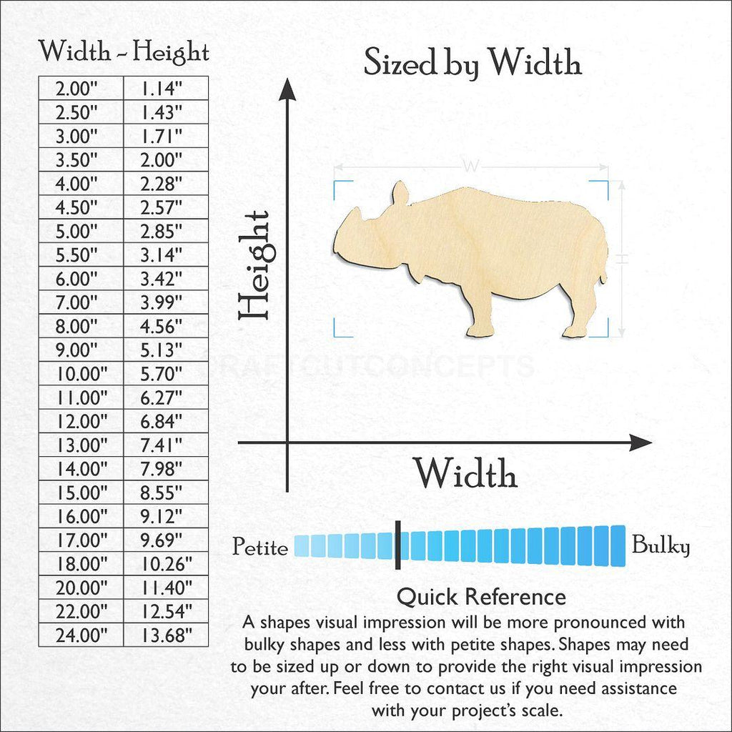 Sizes available for a laser cut Rhino craft blank