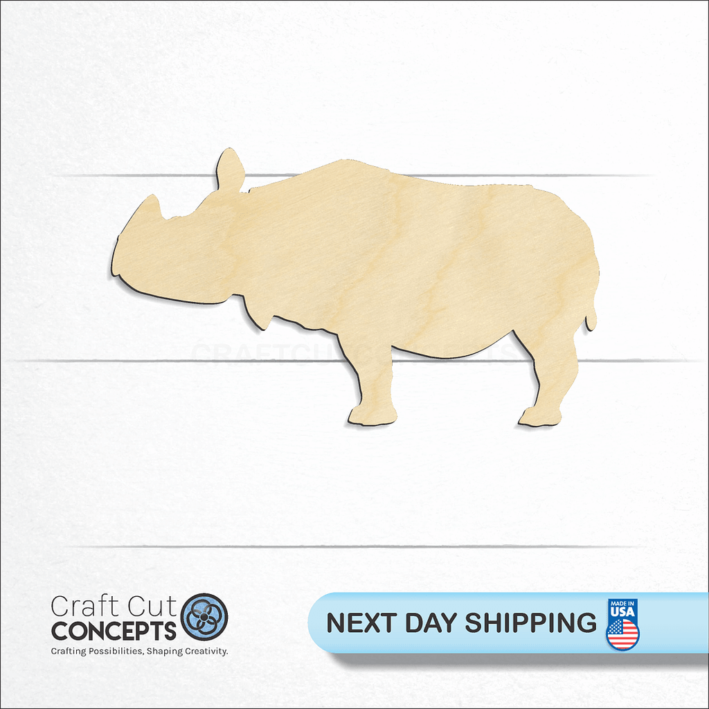 Craft Cut Concepts logo and next day shipping banner with an unfinished wood Rhino craft shape and blank