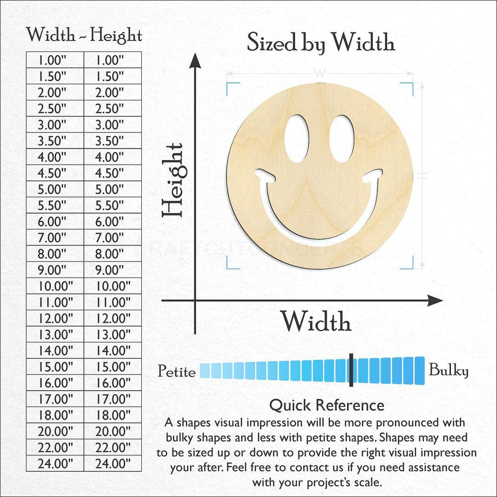 Sizes available for a laser cut Smiley Face craft blank