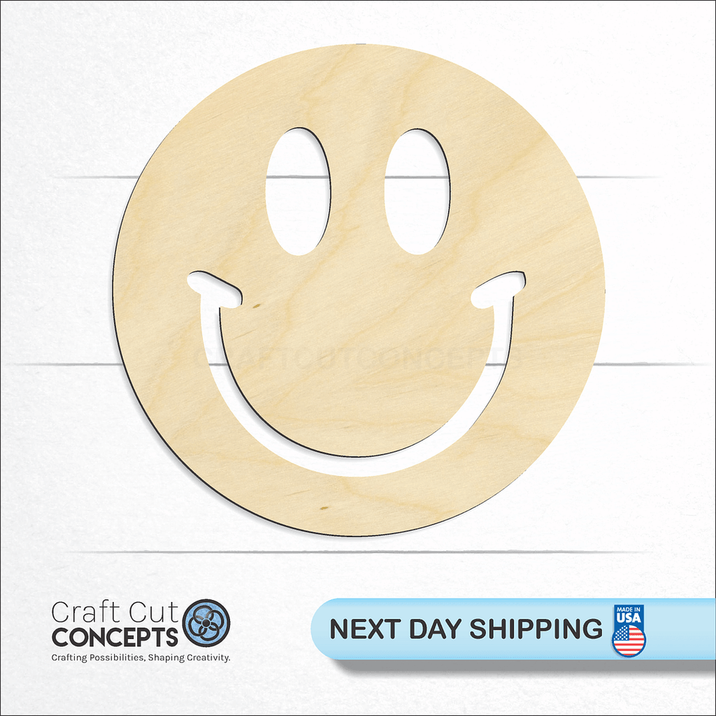 Craft Cut Concepts logo and next day shipping banner with an unfinished wood Smiley Face craft shape and blank