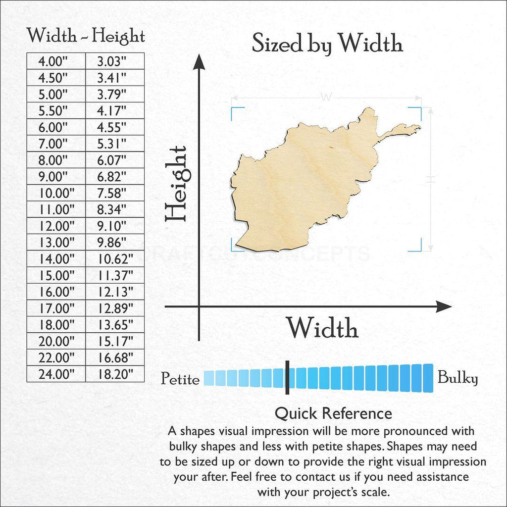 Sizes available for a laser cut Country - Afganistan craft blank