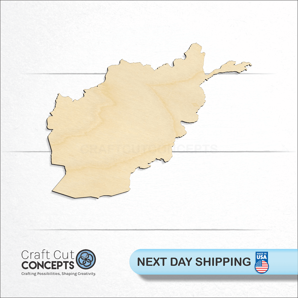 Craft Cut Concepts logo and next day shipping banner with an unfinished wood Country - Afganistan craft shape and blank