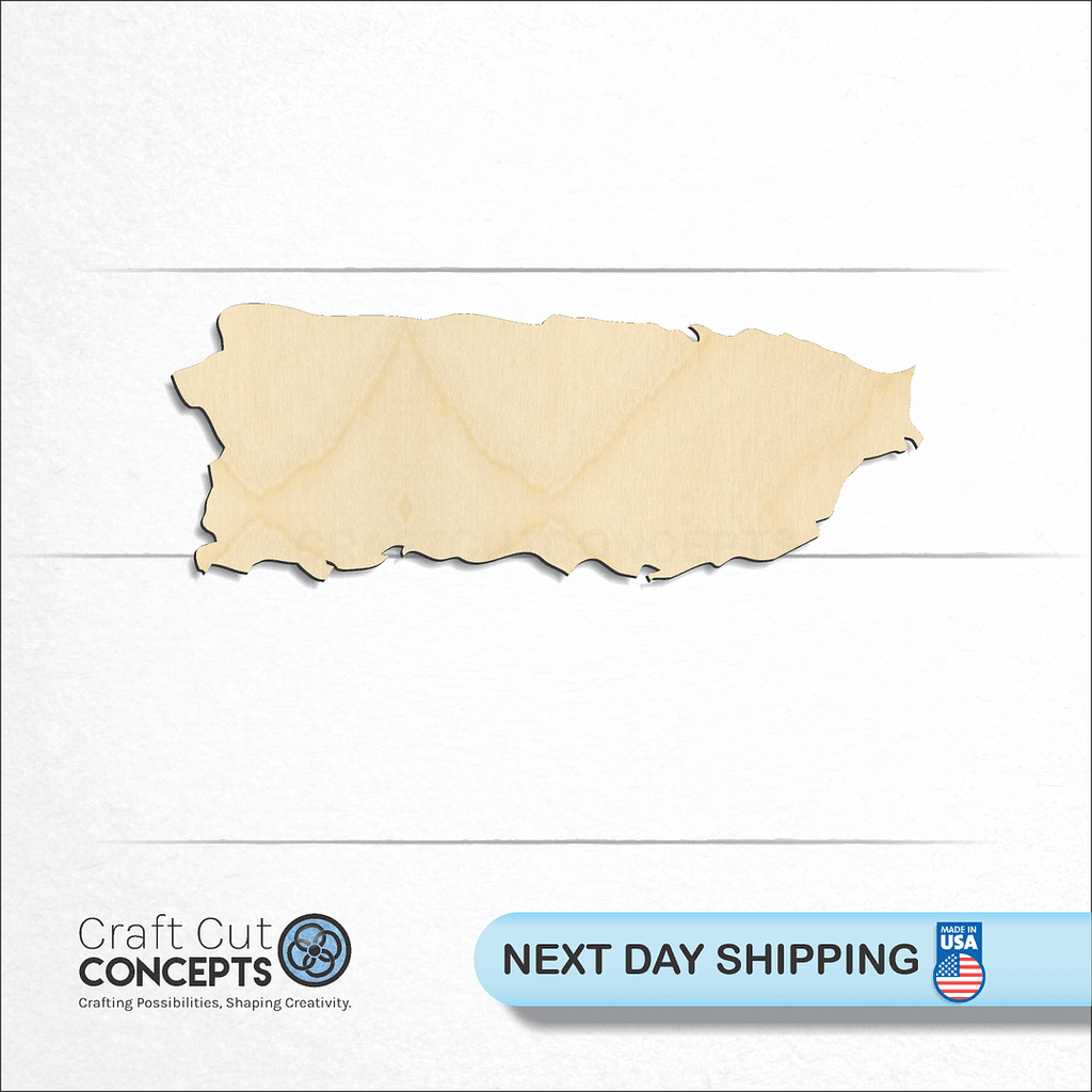 Craft Cut Concepts logo and next day shipping banner with an unfinished wood Territory - puerto rico craft shape and blank