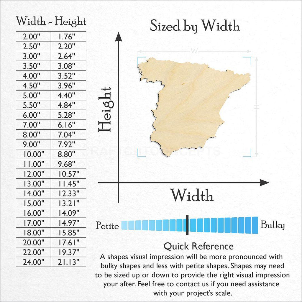 Sizes available for a laser cut Country - Spain craft blank