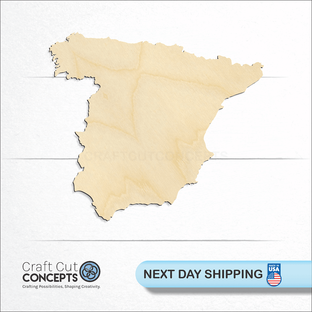 Craft Cut Concepts logo and next day shipping banner with an unfinished wood Country - Spain craft shape and blank