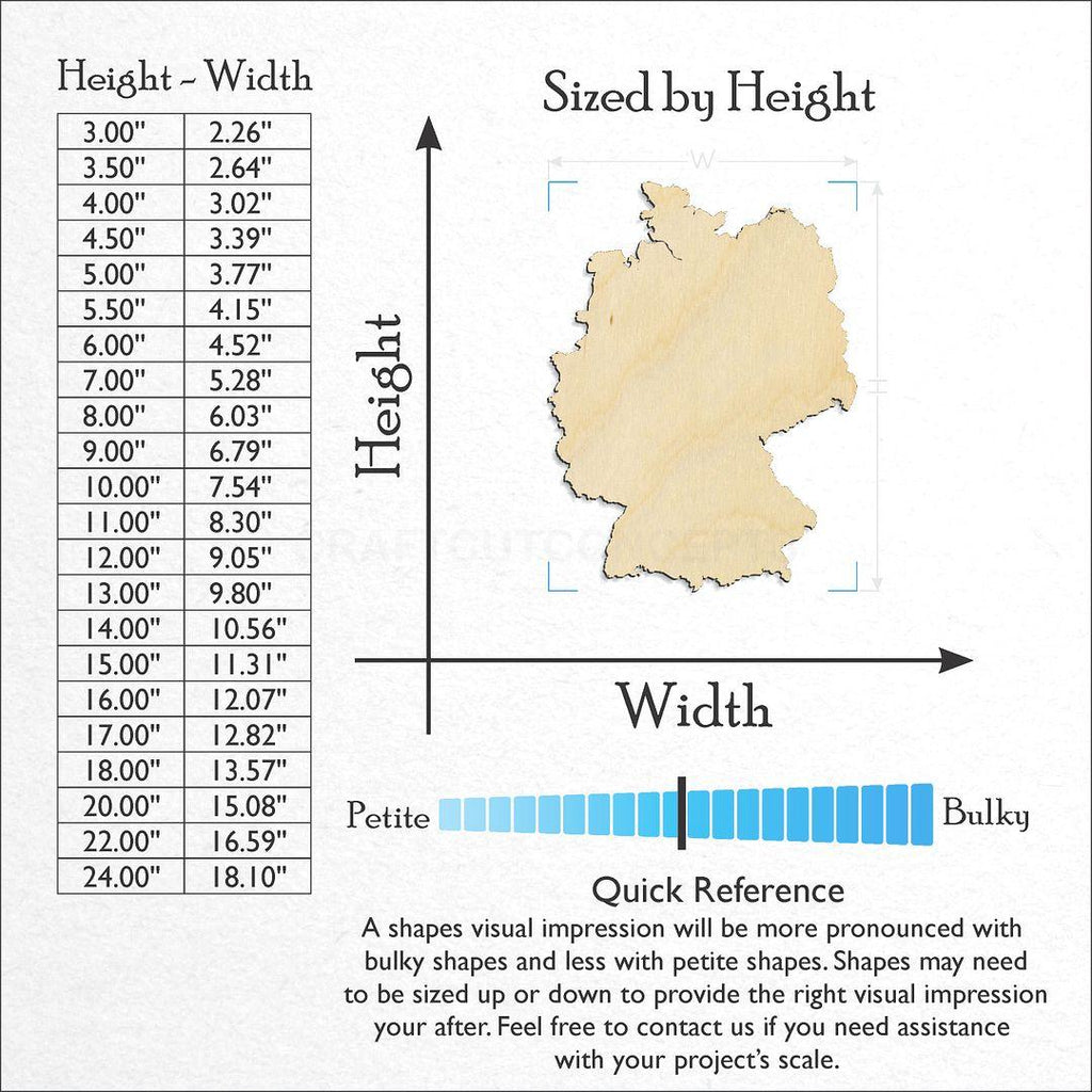 Sizes available for a laser cut Country - Germany craft blank