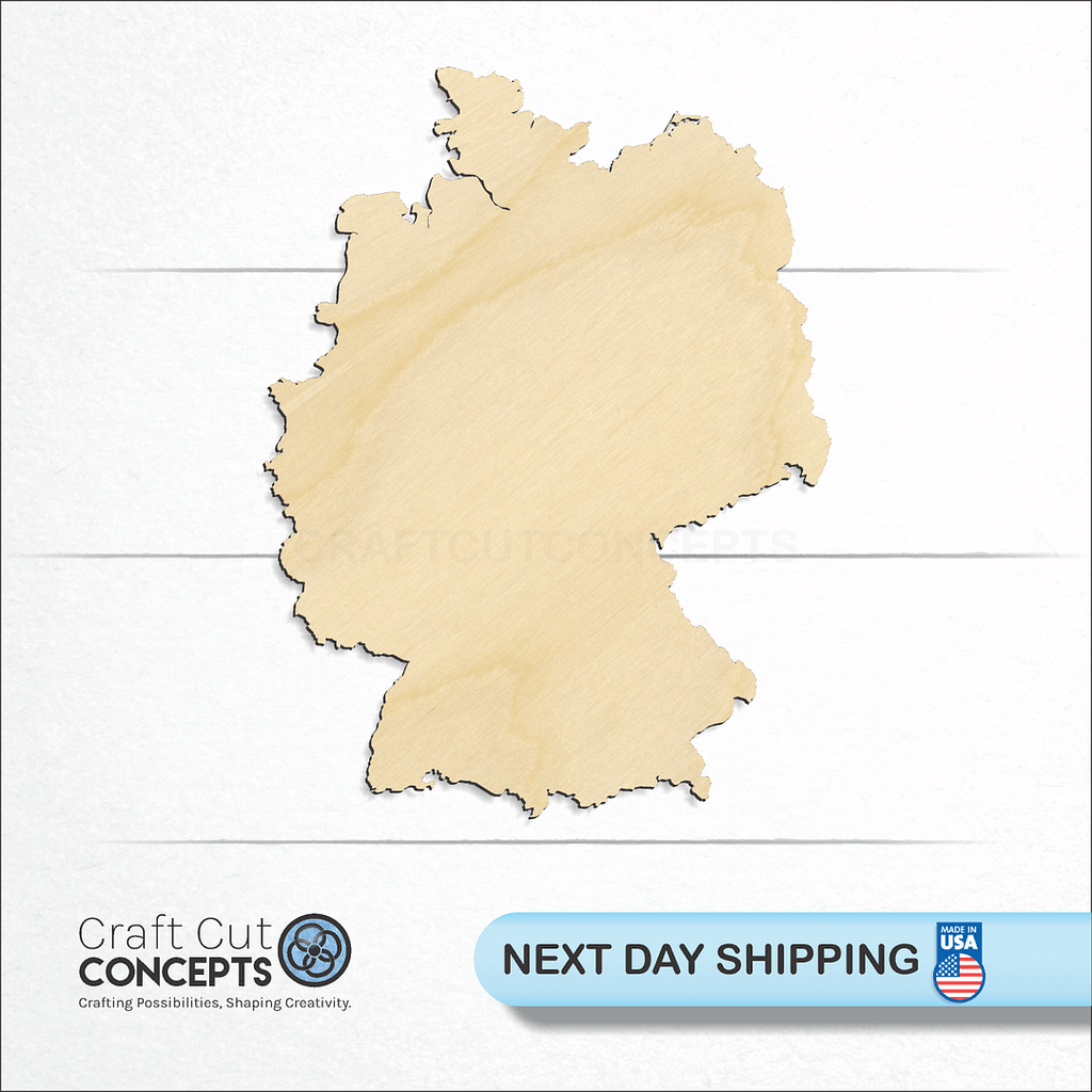 Craft Cut Concepts logo and next day shipping banner with an unfinished wood Country - Germany craft shape and blank