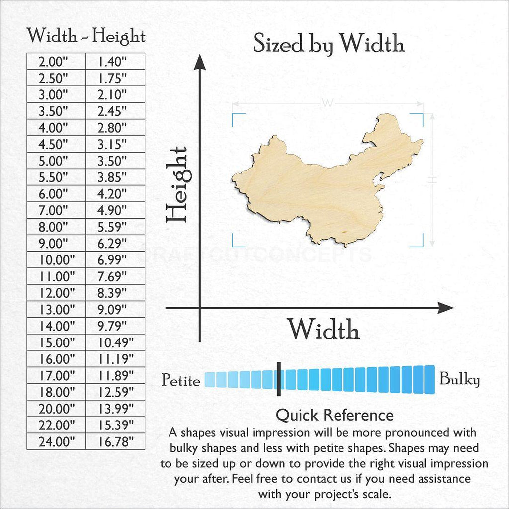 Sizes available for a laser cut Country - China craft blank