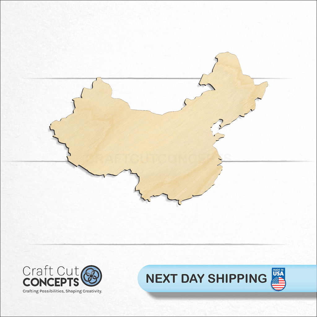 Craft Cut Concepts logo and next day shipping banner with an unfinished wood Country - China craft shape and blank