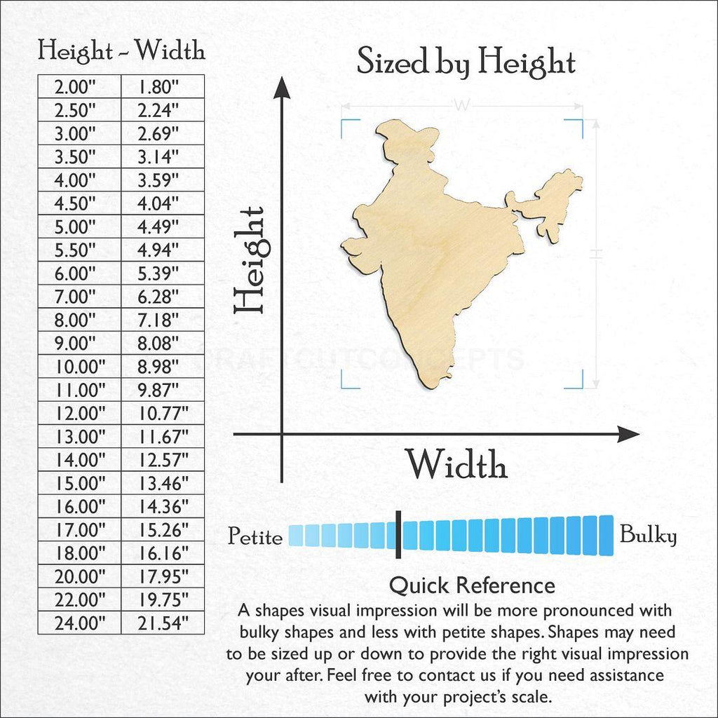 Sizes available for a laser cut Country - India craft blank