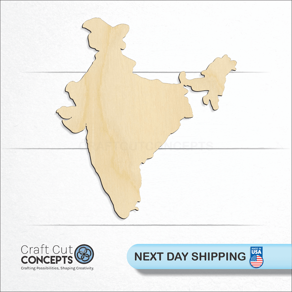 Craft Cut Concepts logo and next day shipping banner with an unfinished wood Country - India craft shape and blank