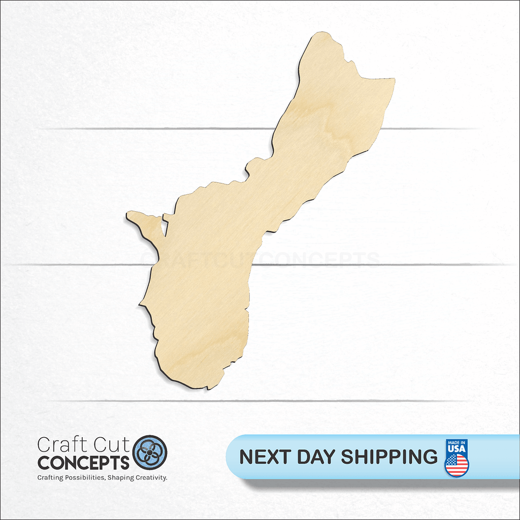 Craft Cut Concepts logo and next day shipping banner with an unfinished wood Territory - Guam craft shape and blank