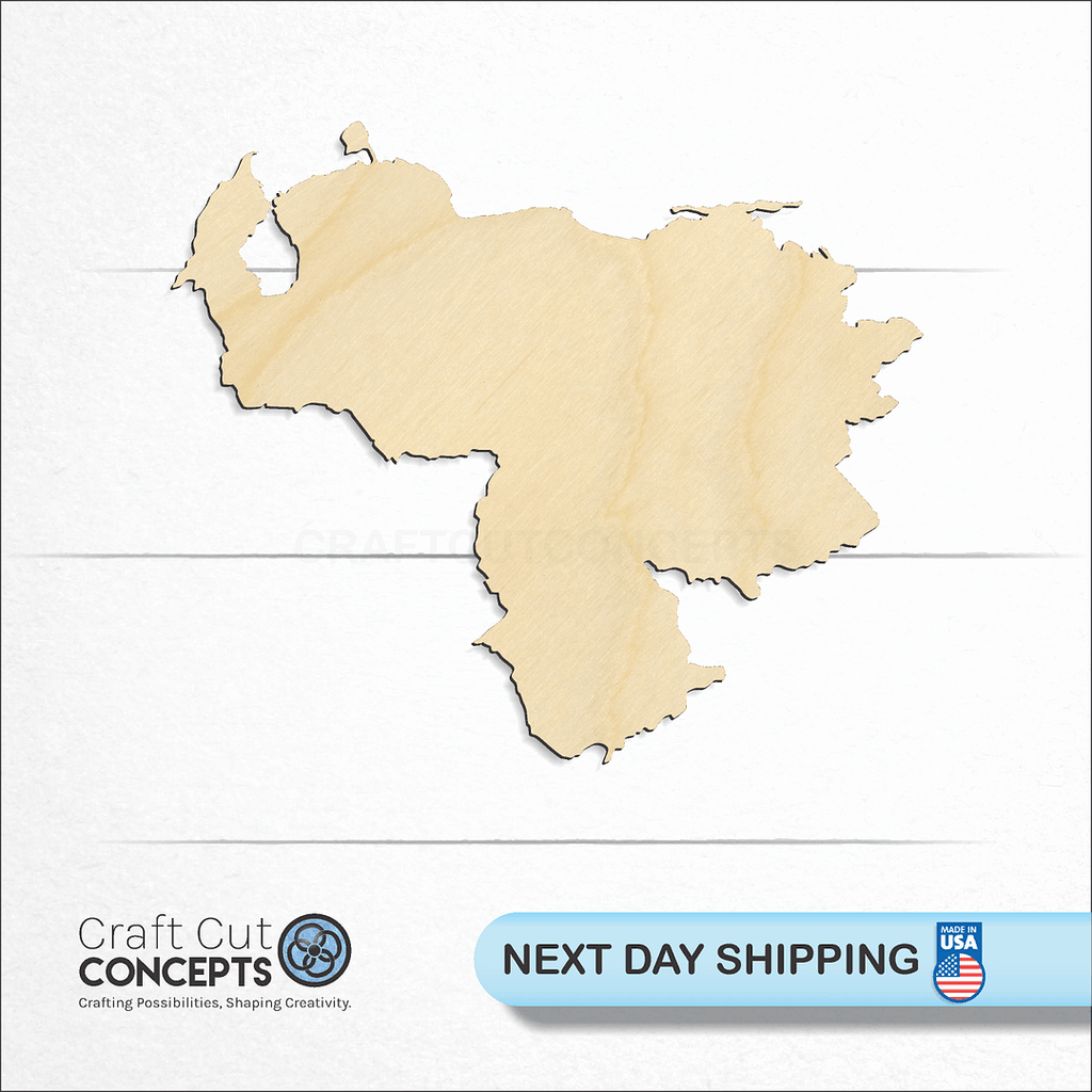 Craft Cut Concepts logo and next day shipping banner with an unfinished wood Country - Venezuela craft shape and blank