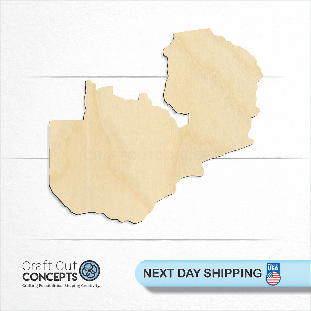 Craft Cut Concepts logo and next day shipping banner with an unfinished wood Country -Zambia craft shape and blank