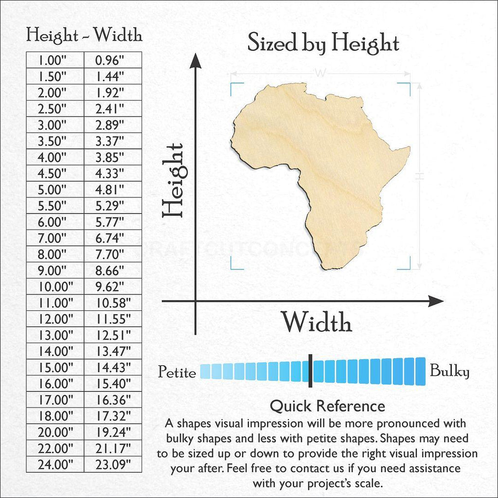 Sizes available for a laser cut Africa With Madagascar craft blank