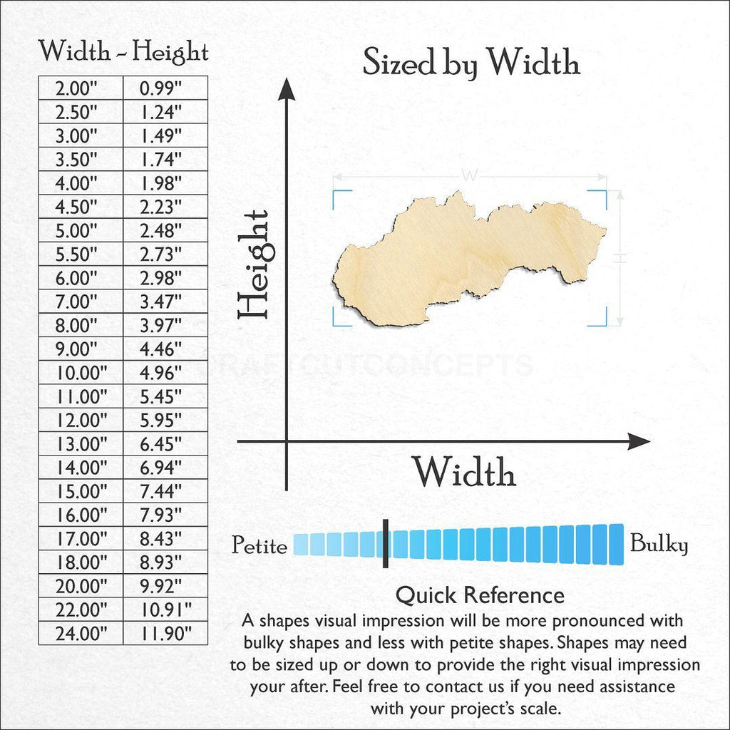 Sizes available for a laser cut Slovakia craft blank