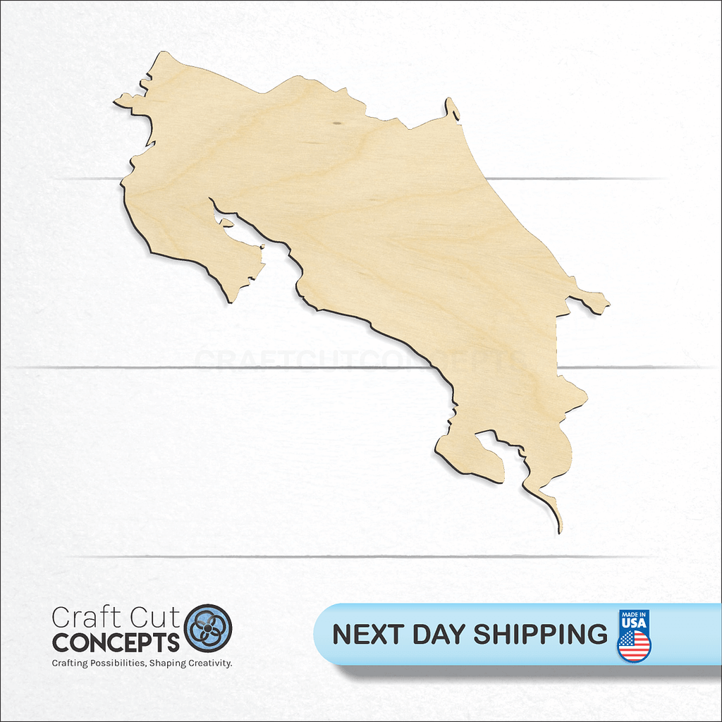 Craft Cut Concepts logo and next day shipping banner with an unfinished wood Costa Rica craft shape and blank