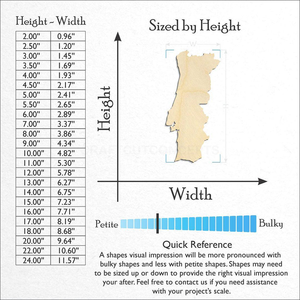 Sizes available for a laser cut Portugal craft blank