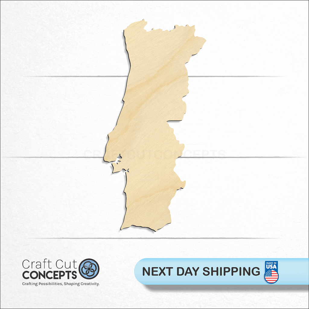 Craft Cut Concepts logo and next day shipping banner with an unfinished wood Portugal craft shape and blank