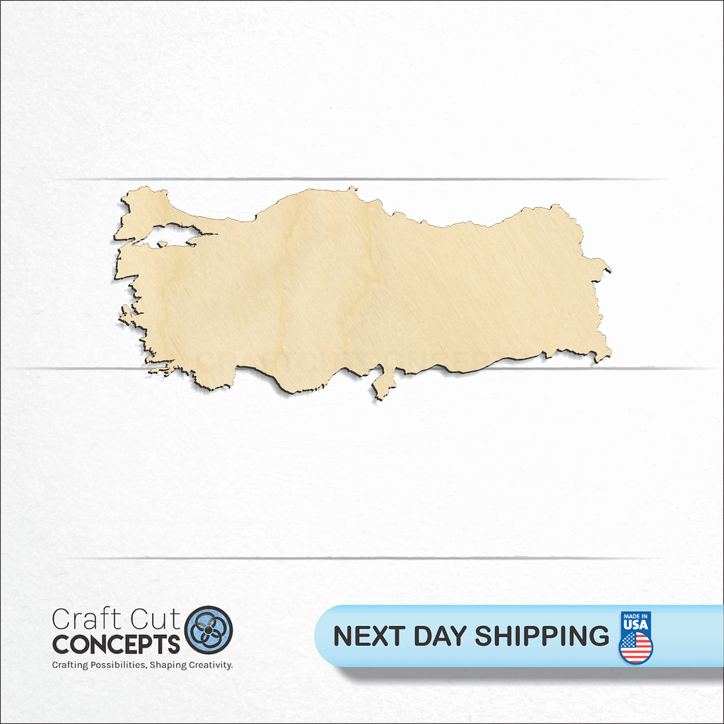 Craft Cut Concepts logo and next day shipping banner with an unfinished wood Country - Turkey craft shape and blank