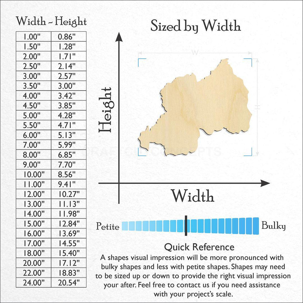 Sizes available for a laser cut Rwanda craft blank