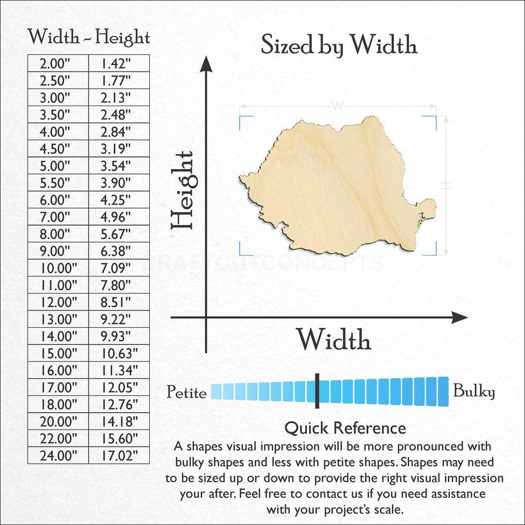 Sizes available for a laser cut Romania craft blank