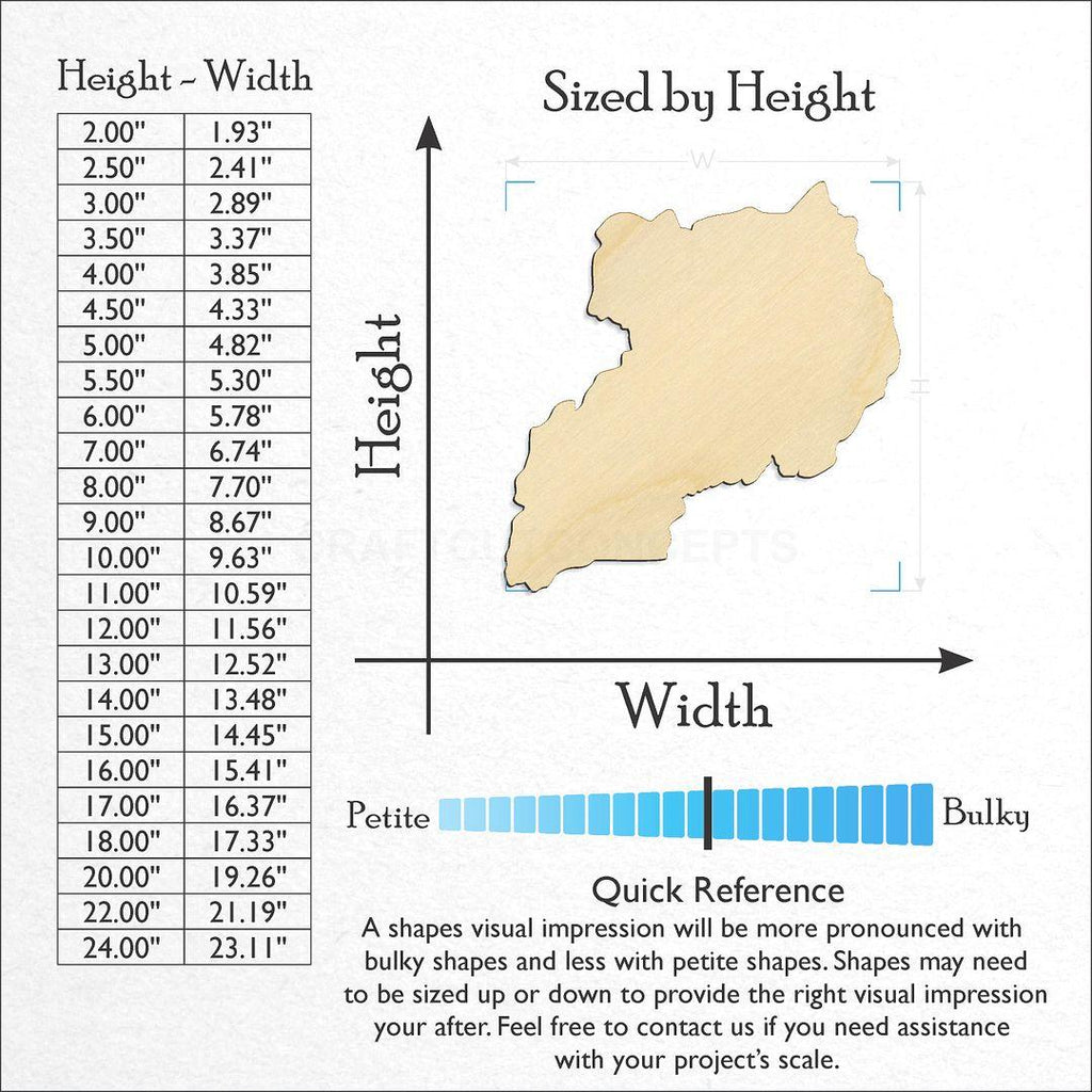Sizes available for a laser cut Uganda craft blank
