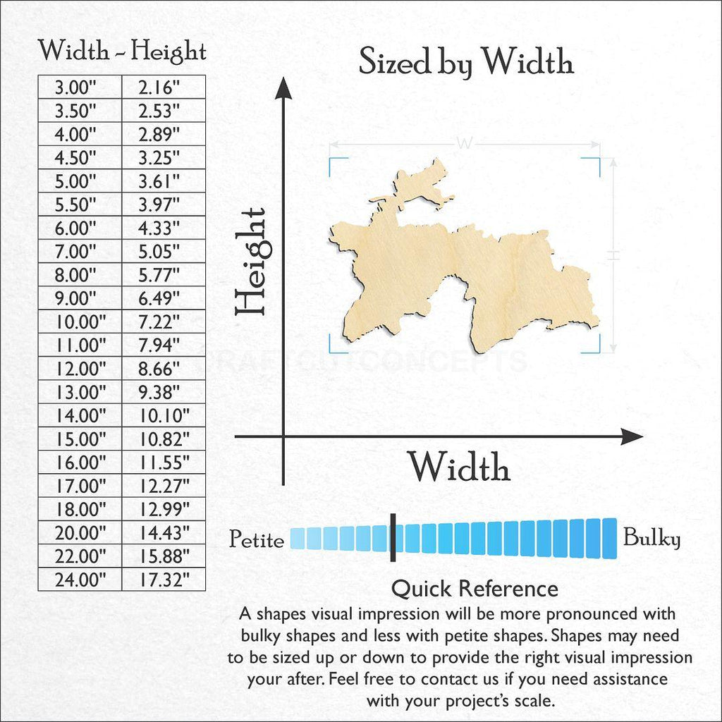 Sizes available for a laser cut Tajikistan craft blank