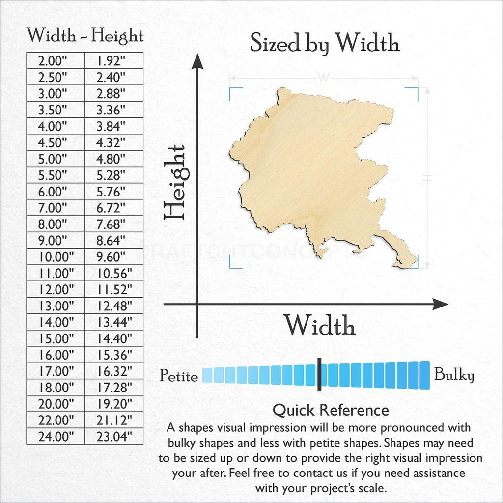 Sizes available for a laser cut Italy Friuli Venezia Giulia craft blank