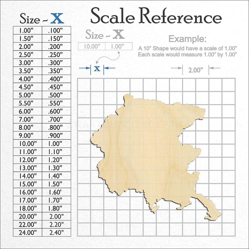 A scale and graph image showing a wood Italy Friuli Venezia Giulia craft blank