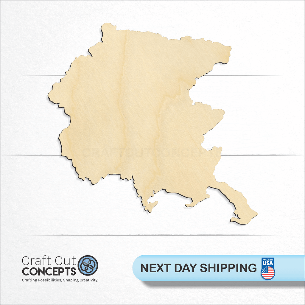 Craft Cut Concepts logo and next day shipping banner with an unfinished wood Italy Friuli Venezia Giulia craft shape and blank