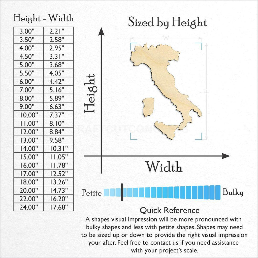 Sizes available for a laser cut Italy craft blank