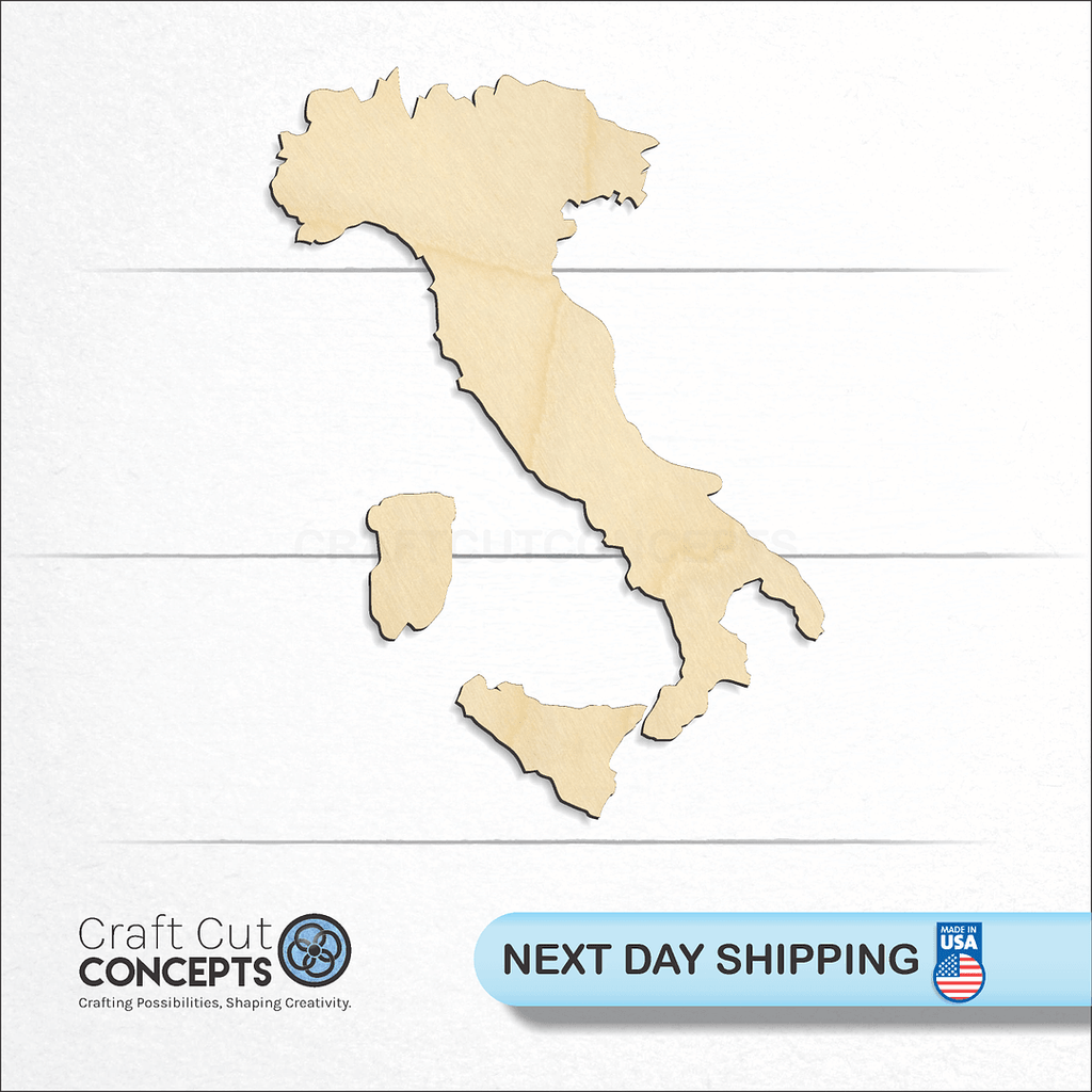 Craft Cut Concepts logo and next day shipping banner with an unfinished wood Italy craft shape and blank