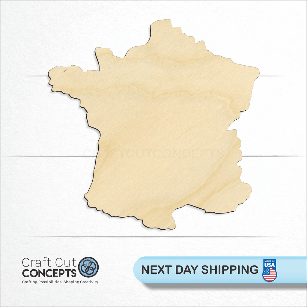 Craft Cut Concepts logo and next day shipping banner with an unfinished wood France craft shape and blank