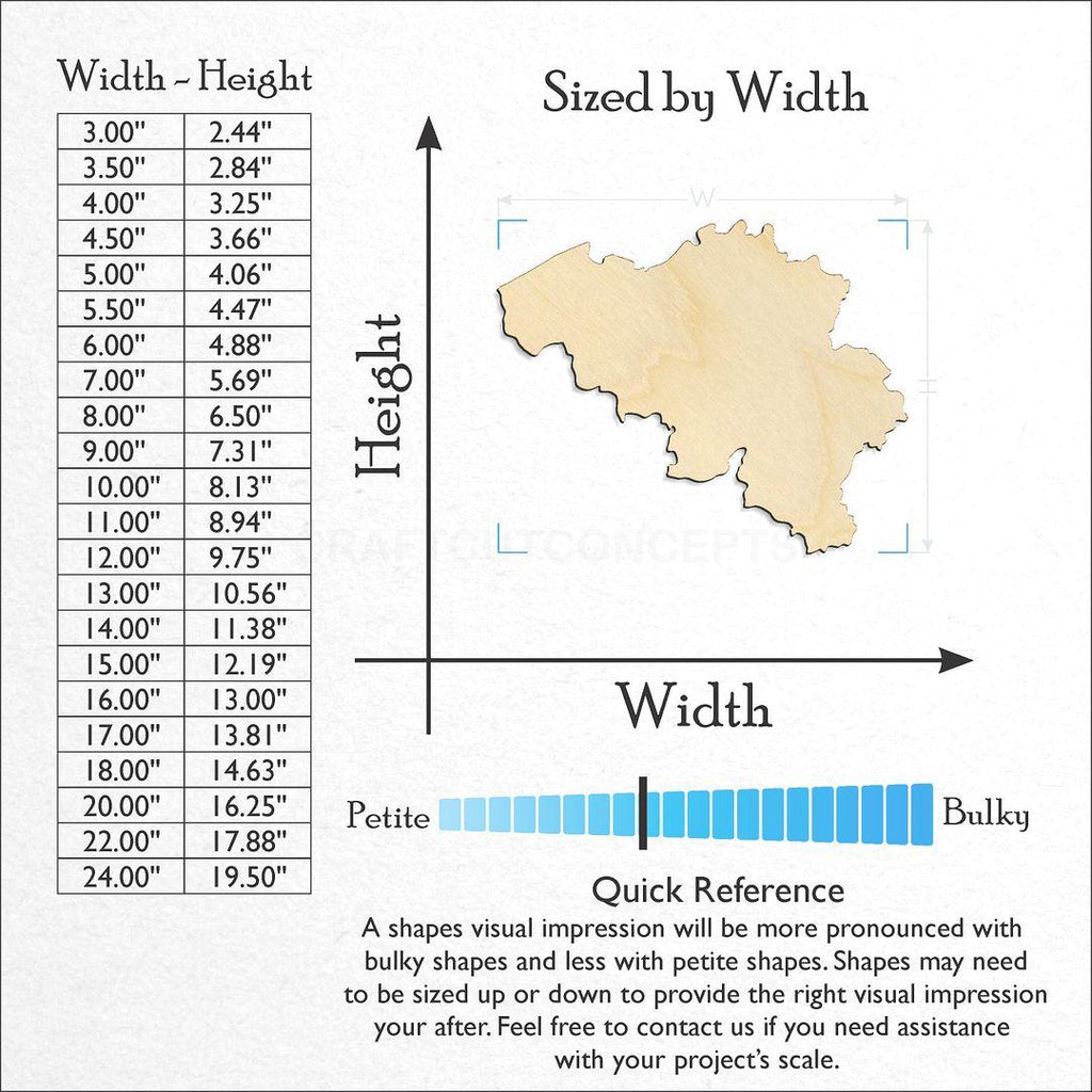 Sizes available for a laser cut Belgium craft blank