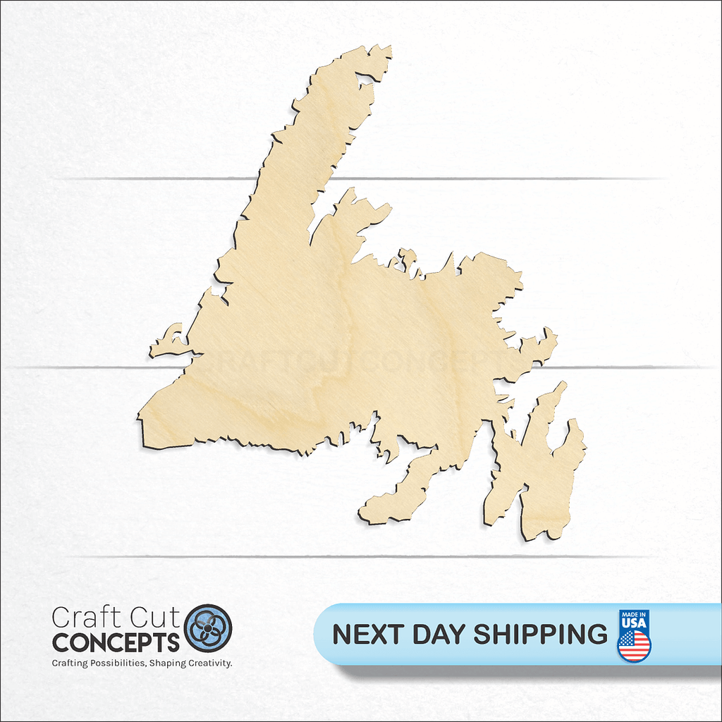 Craft Cut Concepts logo and next day shipping banner with an unfinished wood New Found Island craft shape and blank