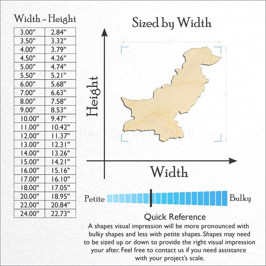 Sizes available for a laser cut Pakistan craft blank