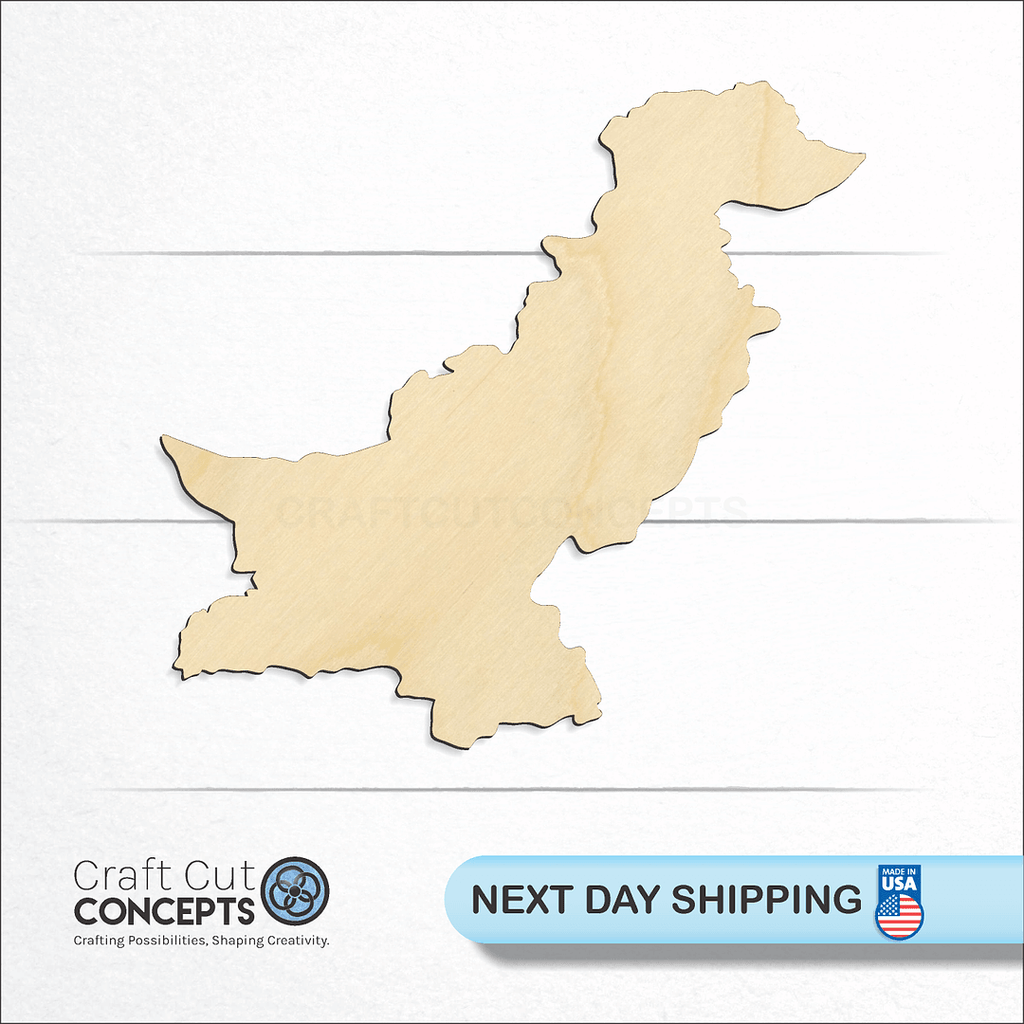 Craft Cut Concepts logo and next day shipping banner with an unfinished wood Pakistan craft shape and blank