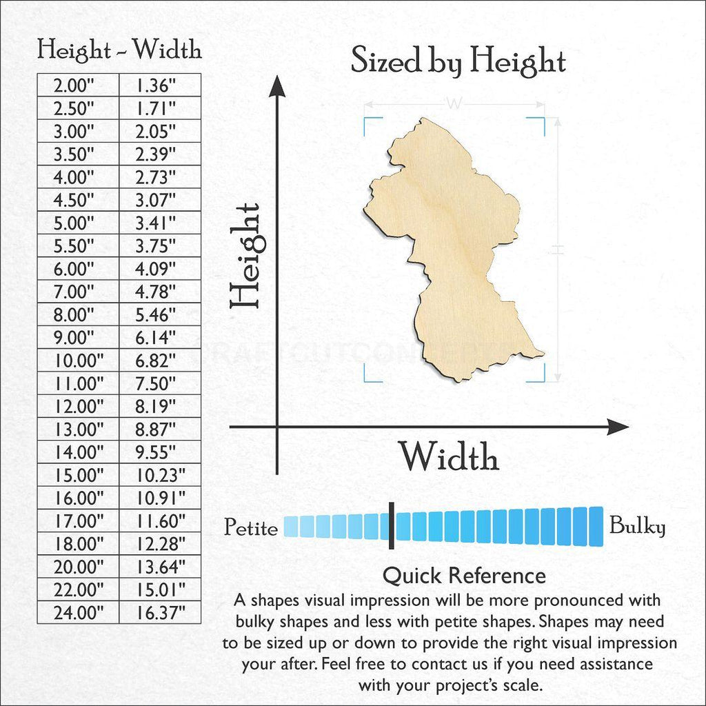 Sizes available for a laser cut Guyana craft blank