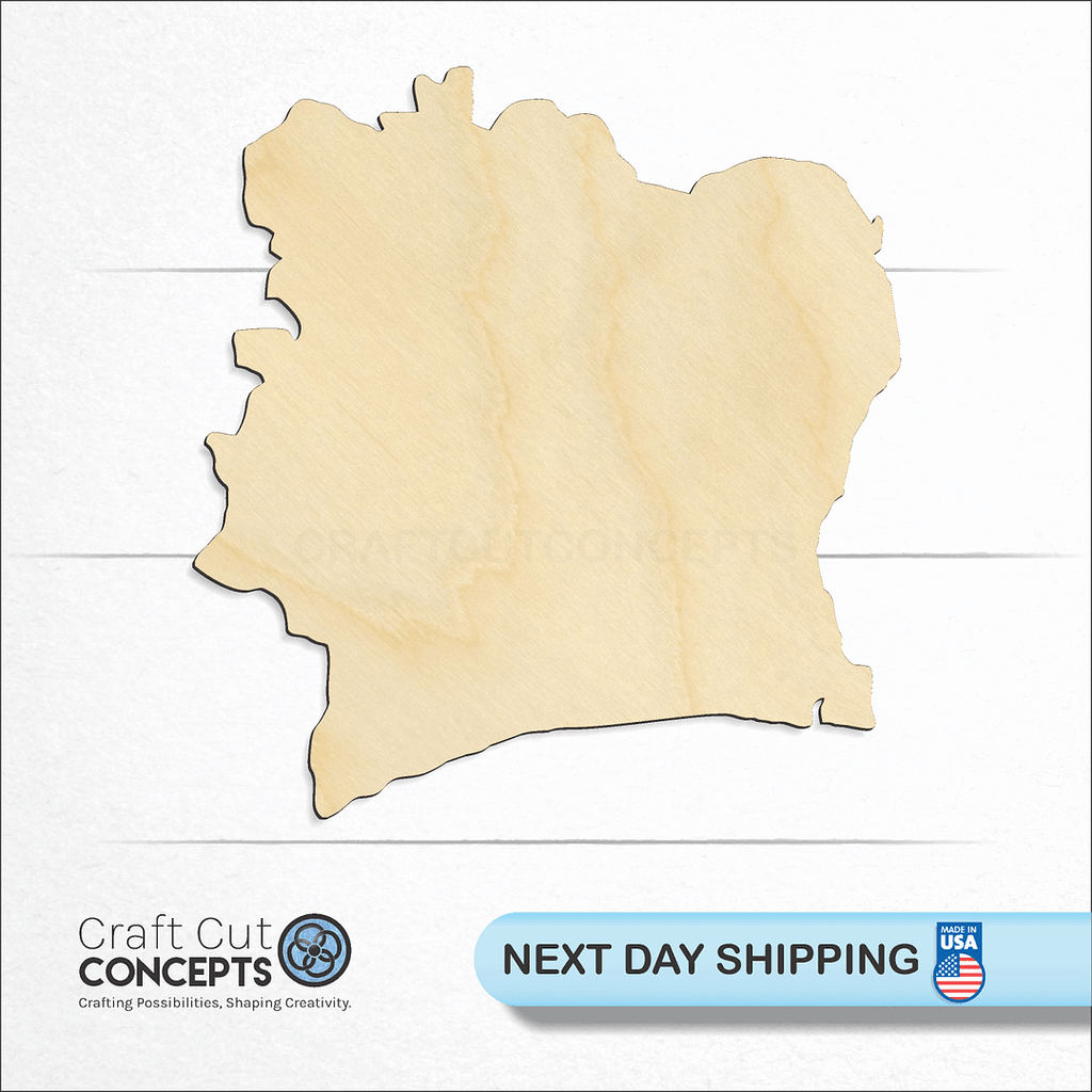 Craft Cut Concepts logo and next day shipping banner with an unfinished wood Côte d'Ivoire craft shape and blank