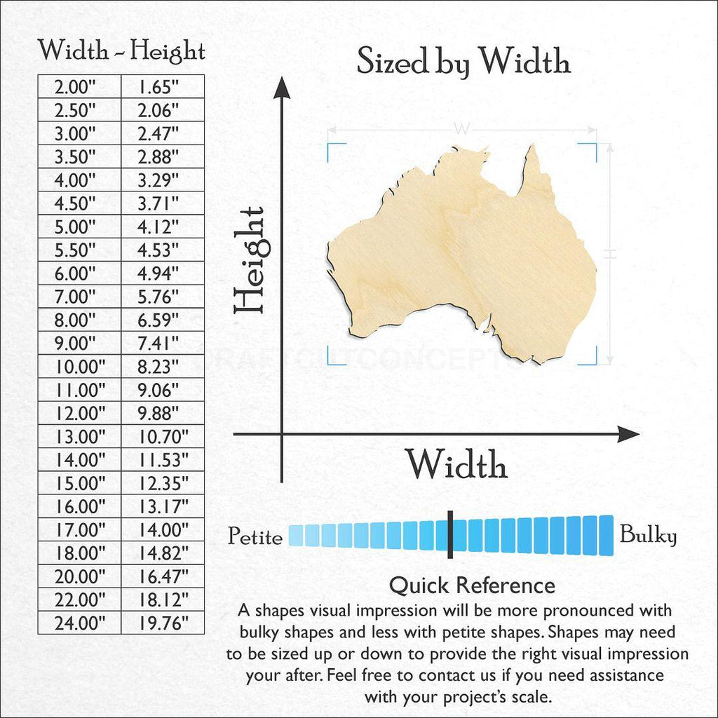 Sizes available for a laser cut Australia craft blank