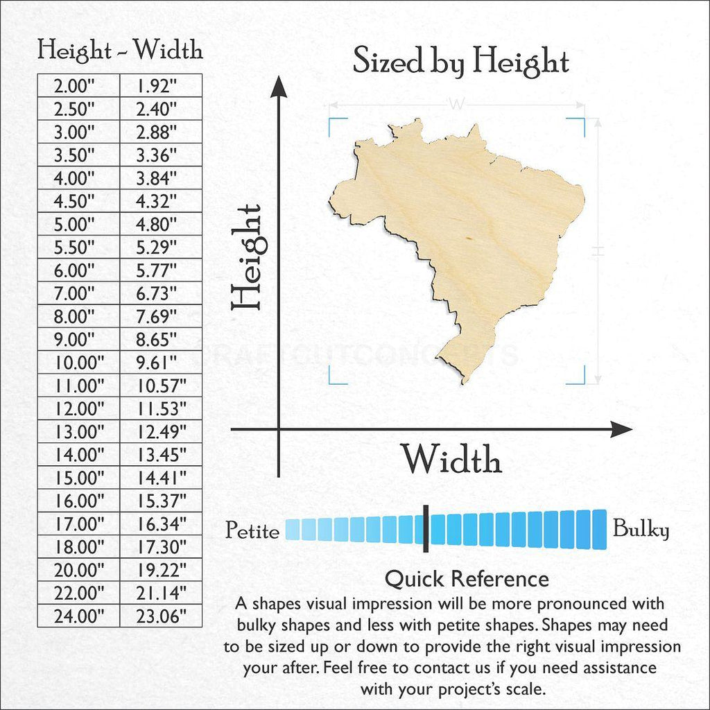 Sizes available for a laser cut Brazil craft blank