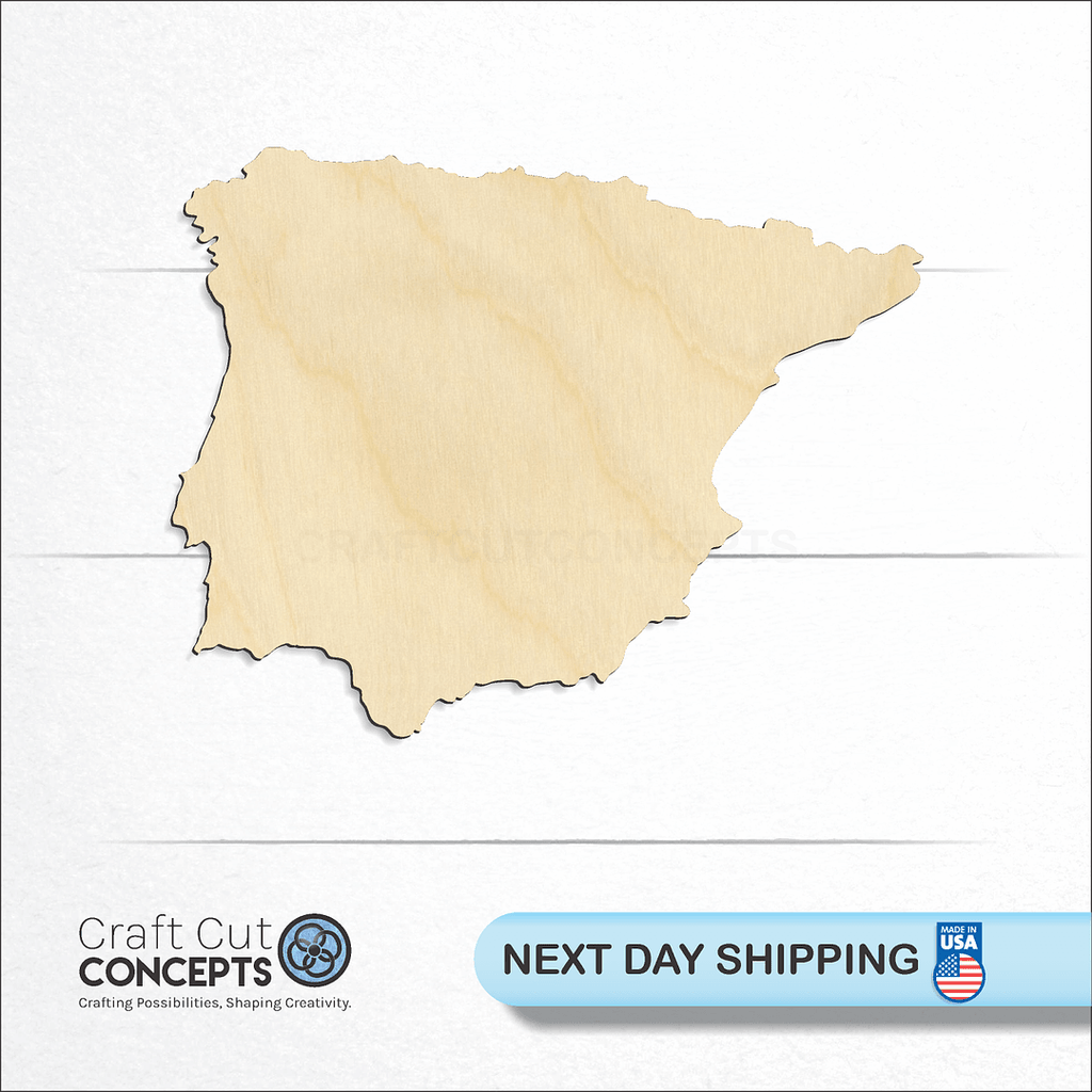 Craft Cut Concepts logo and next day shipping banner with an unfinished wood Spain Portugal craft shape and blank