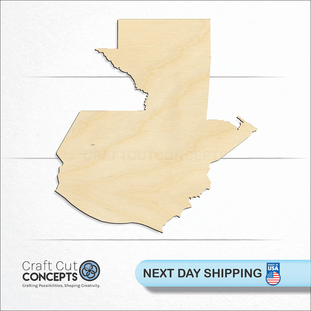 Craft Cut Concepts logo and next day shipping banner with an unfinished wood Guatemala craft shape and blank