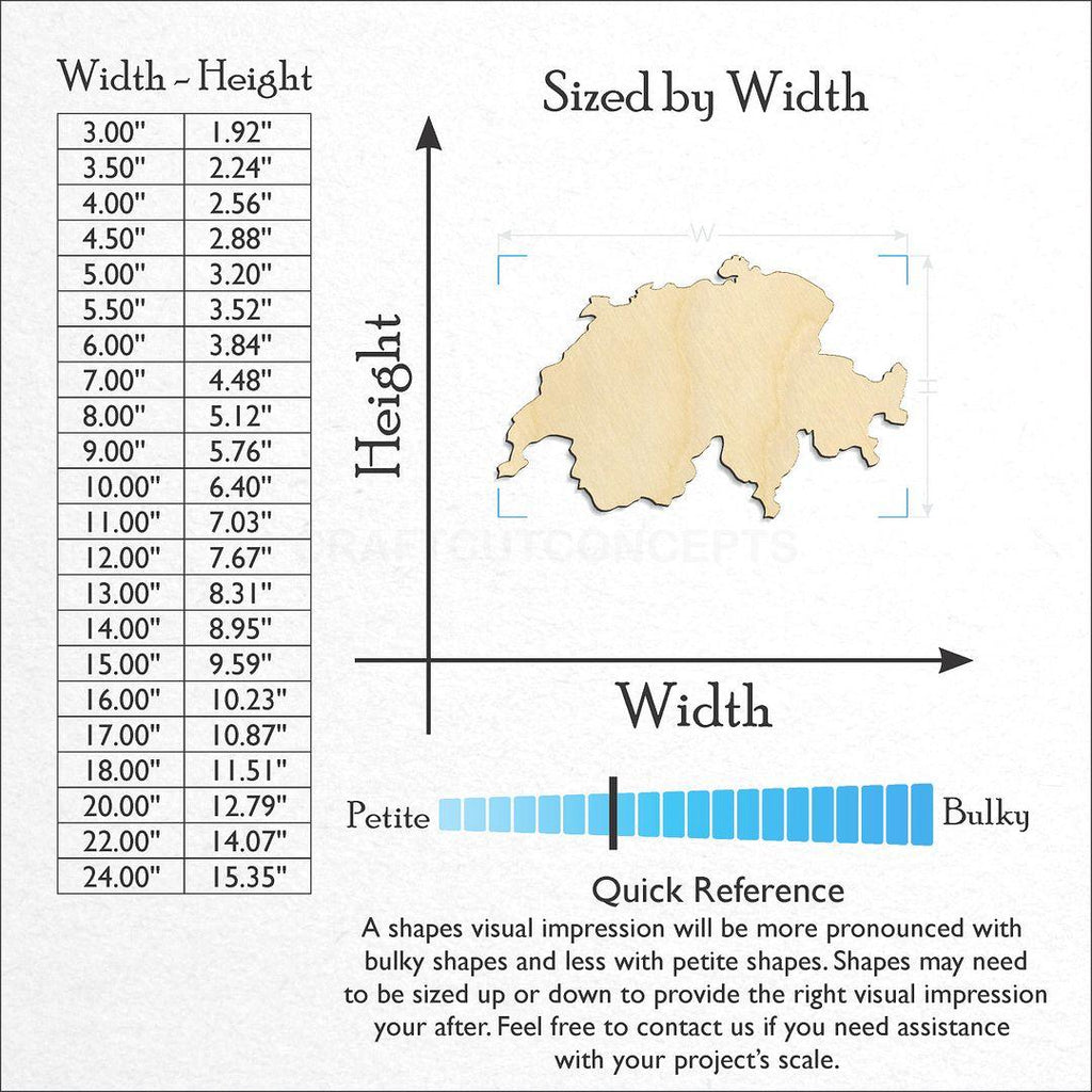 Sizes available for a laser cut Switzerland craft blank