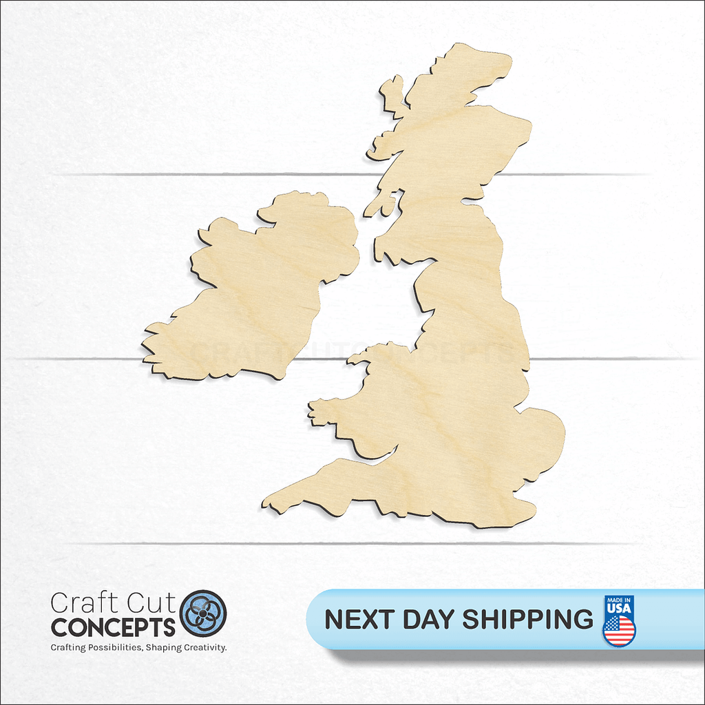 Craft Cut Concepts logo and next day shipping banner with an unfinished wood Great Britain craft shape and blank